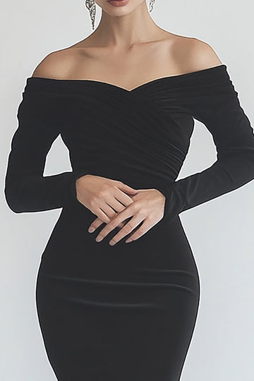 Black Satin Mermaid Long Sleeves High-Low Formal Dress